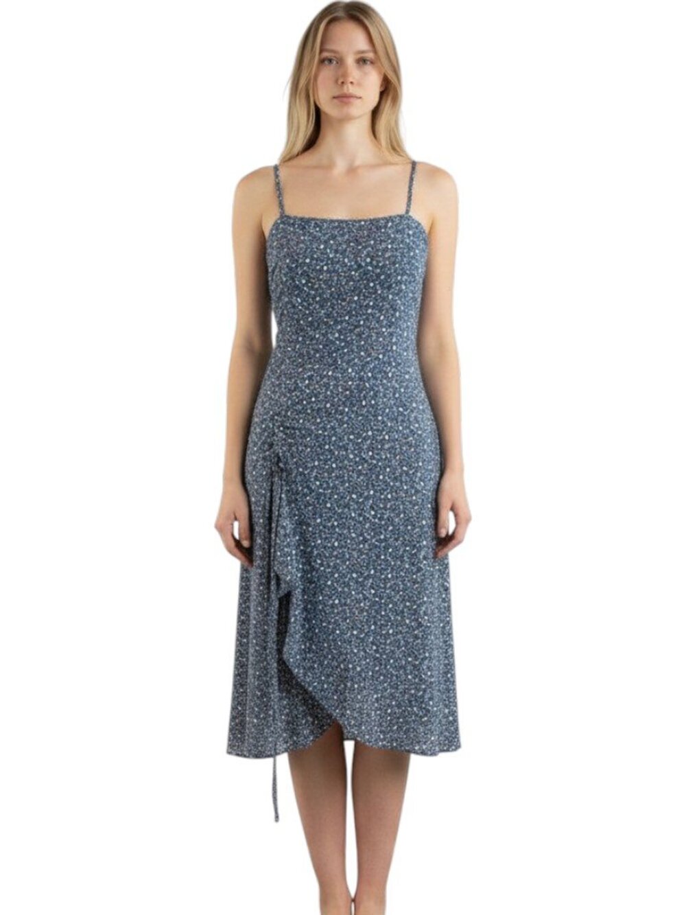 Blush J Ditsy Floral Midi Dress Navy Blue Ruched Asymmetrical Spaghetti Strap S